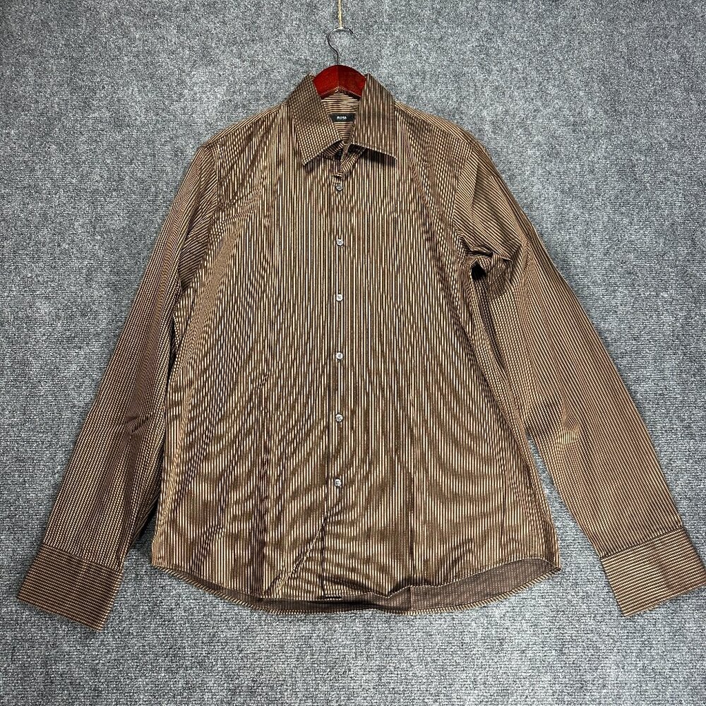 Hugo Boss Shirt Mens 16.5 Brown Stripe Cotton Button Up Long Sleeve